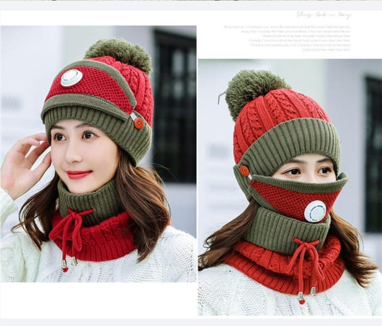 Women Winter Knitted Beanie Cap Warm Face Cover Neck Scarf Outdoor Set