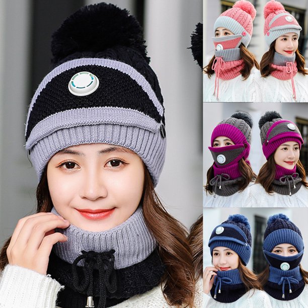 Women Winter Knitted Beanie Cap Warm Face Cover Neck Scarf Outdoor Set