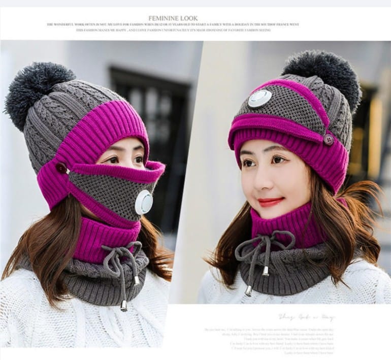 Women Winter Knitted Beanie Cap Warm Face Cover Neck Scarf Outdoor Set