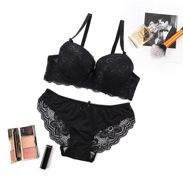 Adjusted-straps 3/4 Cup Cotton Lace Embroidery Lingerie Bra set Push up Underwear Set