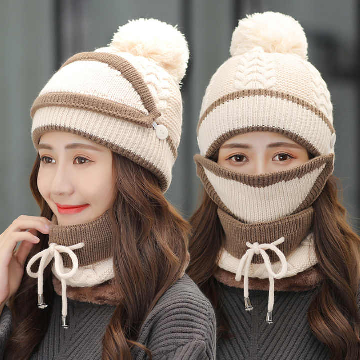 Women Winter Knitted Beanie Cap Warm Face Cover Neck Scarf Outdoor Set