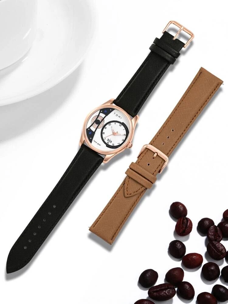 TOMI T105 Face Gear Luxury Dual Strap Watch Men's Watch Leather Strap Water Resistant