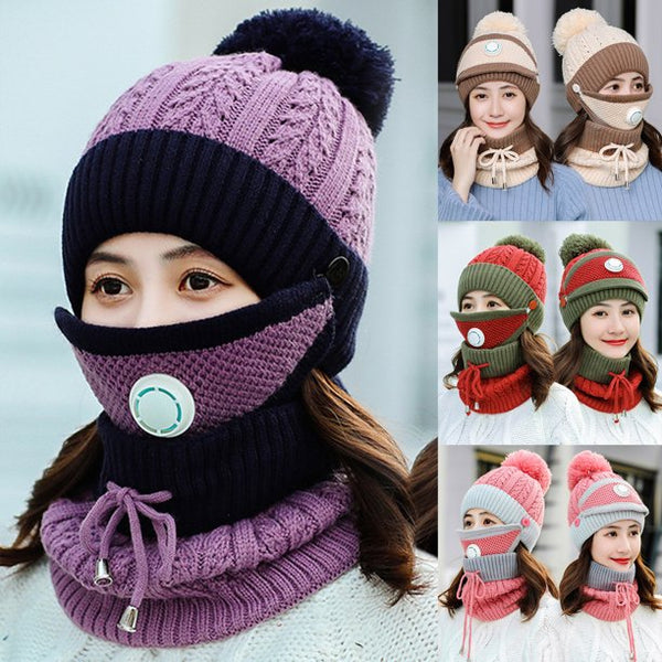 Women Winter Knitted Beanie Cap Warm Face Cover Neck Scarf Outdoor Set