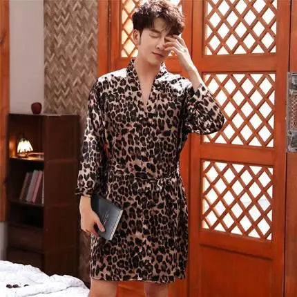 Men's Leopard Print Bath Robe Satin Silk Night Robe Wedding Nightgown for Bride and Bridesmaid