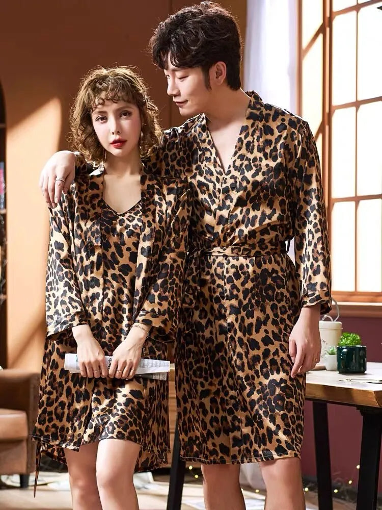 Men's Leopard Print Bath Robe Satin Silk Night Robe Wedding Nightgown for Bride and Bridesmaid