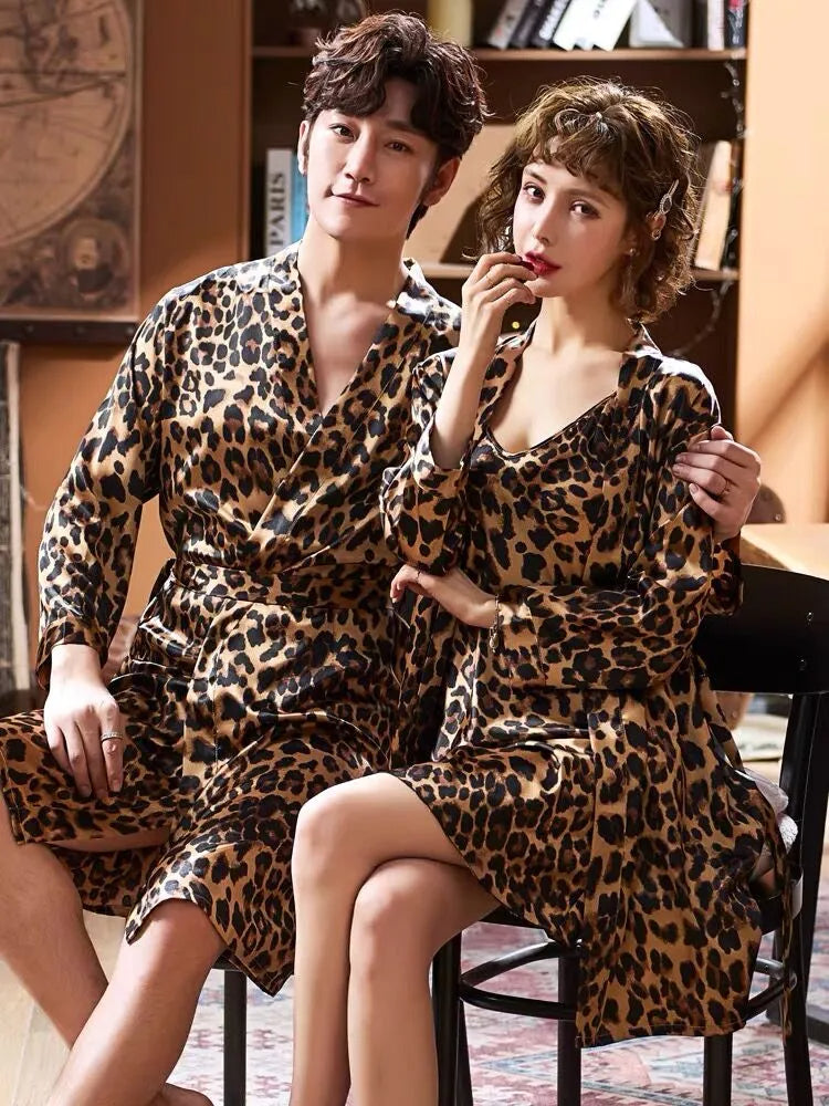 Men's Leopard Print Bath Robe Satin Silk Night Robe Wedding Nightgown for Bride and Bridesmaid