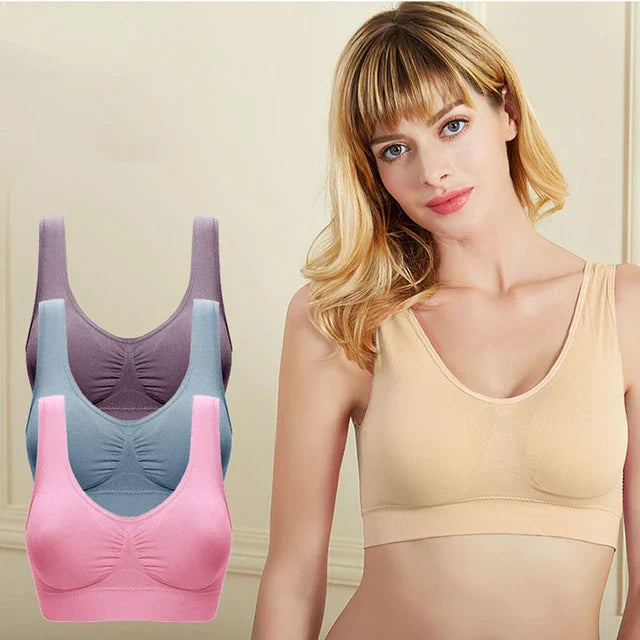 Pack of 3 Plus Size Women Soft Genie Leisure Bra with Removable Pads Seamless Double Layer Workout Tank Top Push Up Fitness Bra