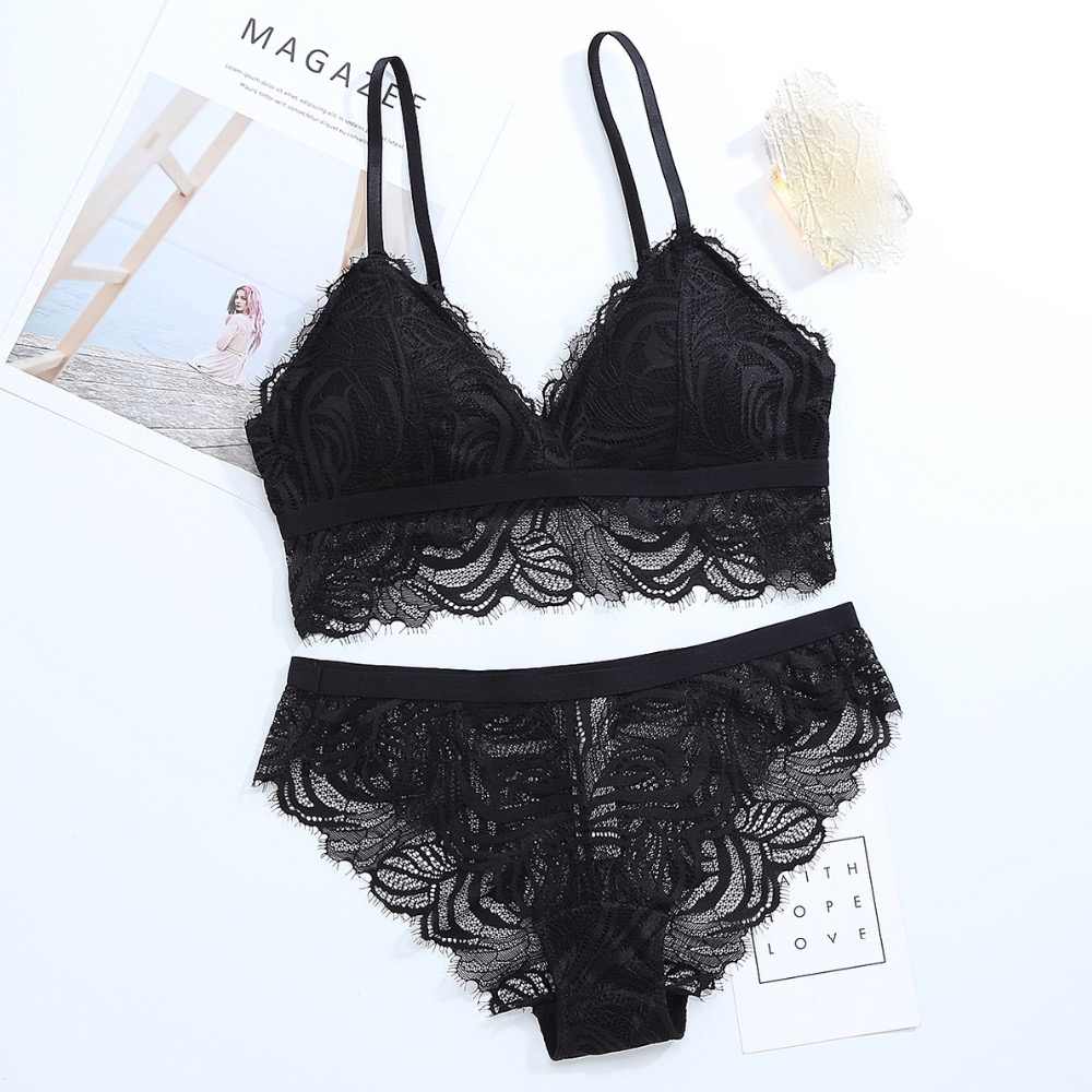 Full lace wireless sexy lingerie, comfortable sleeping bra with pillow, sheer panties, underwear set, embroidered lingerie