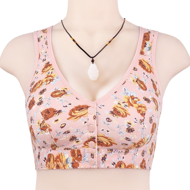 Gobetter floral printed button front bra for women cotton soft 36-46