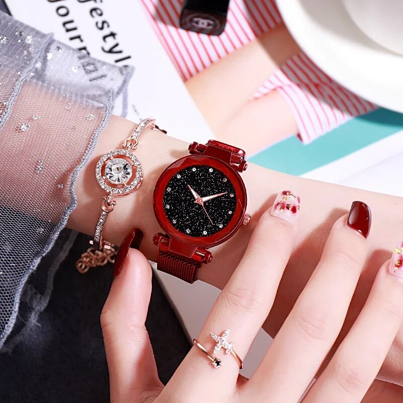 Women Watch Fashion Rose Gold Ladies Watch Magnet Star Starry Simple Girl Quartz Watch Watches for Women