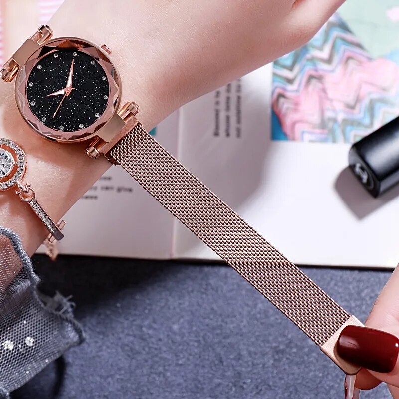 Women Watch Fashion Rose Gold Ladies Watch Magnet Star Starry Simple Girl Quartz Watch Watches for Women