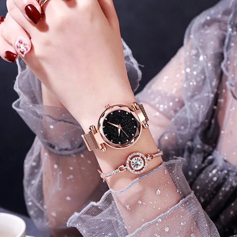 Women Watch Fashion Rose Gold Ladies Watch Magnet Star Starry Simple Girl Quartz Watch Watches for Women