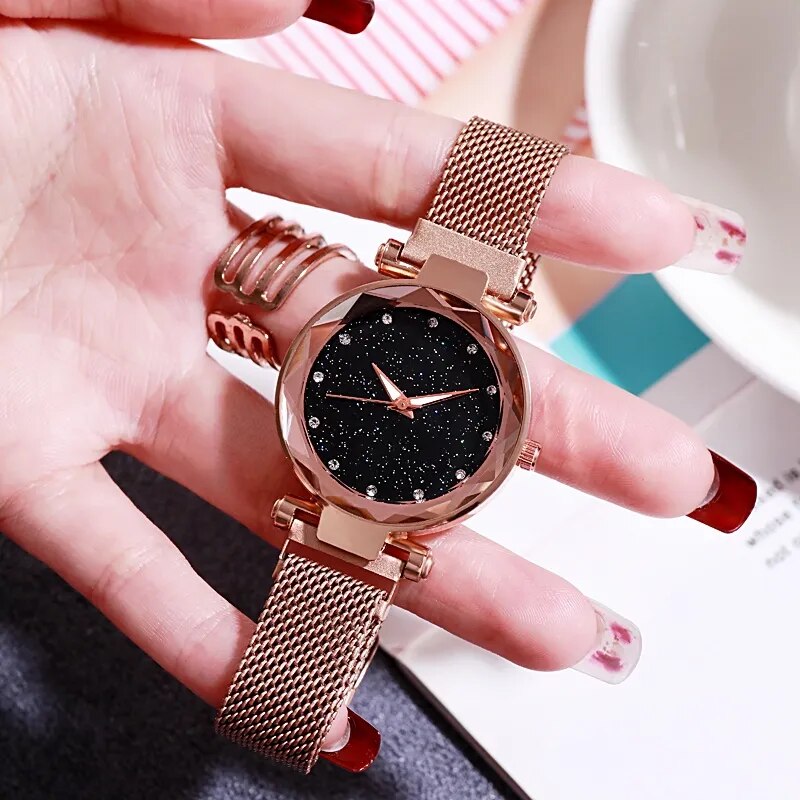 Women Watch Fashion Rose Gold Ladies Watch Magnet Star Starry Simple Girl Quartz Watch Watches for Women