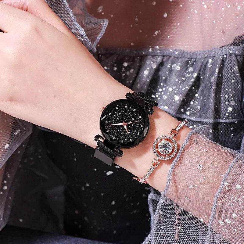 Women Watch Fashion Rose Gold Ladies Watch Magnet Star Starry Simple Girl Quartz Watch Watches for Women