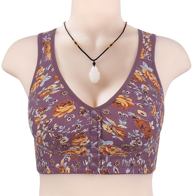 Gobetter floral printed button front bra for women cotton soft 36-46