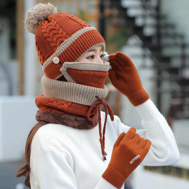 Women Winter Knitted Beanie Cap Warm Face Cover Neck Scarf Outdoor Set