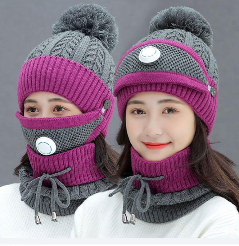 Women Winter Knitted Beanie Cap Warm Face Cover Neck Scarf Outdoor Set