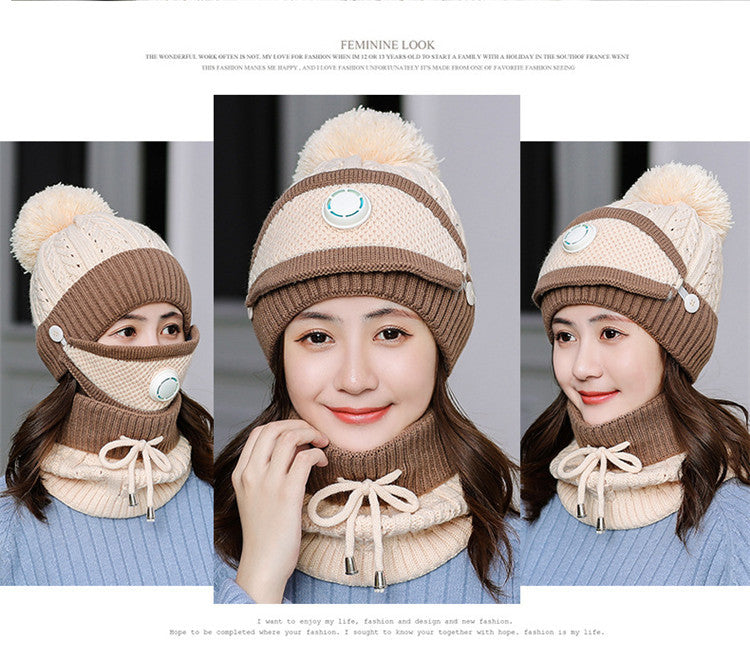 Women Winter Knitted Beanie Cap Warm Face Cover Neck Scarf Outdoor Set