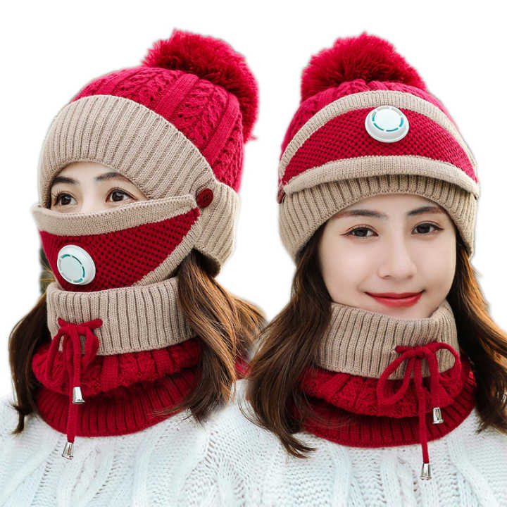 Women Winter Knitted Beanie Cap Warm Face Cover Neck Scarf Outdoor Set