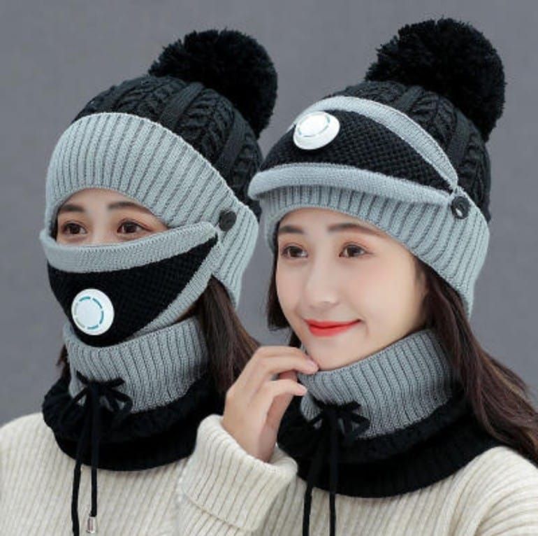 Women Winter Knitted Beanie Cap Warm Face Cover Neck Scarf Outdoor Set