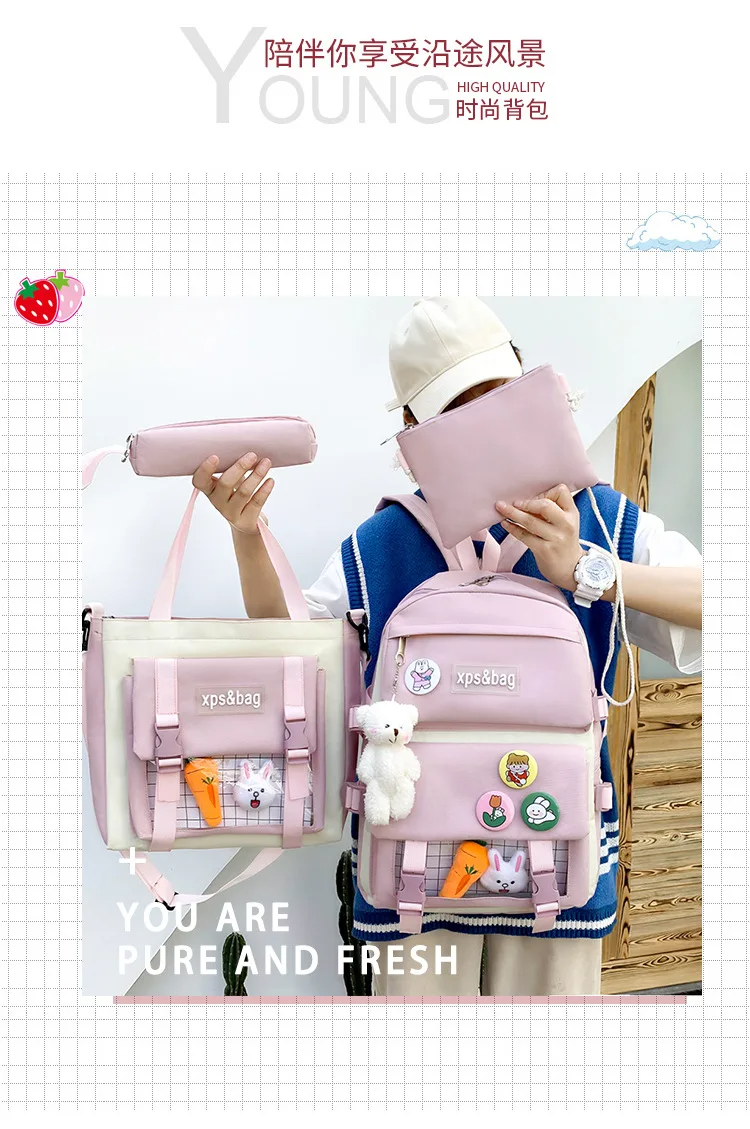 4 in 1 Pcs Sets Nylon Waterproof Women Backpack Kawaii School Bag For Teenage Girls Large Capacity Student Shoulder Bags - Vs