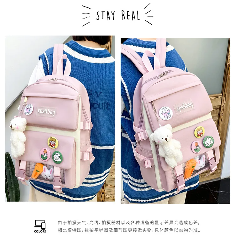 4 in 1 Pcs Sets Nylon Waterproof Women Backpack Kawaii School Bag For Teenage Girls Large Capacity Student Shoulder Bags - Vs