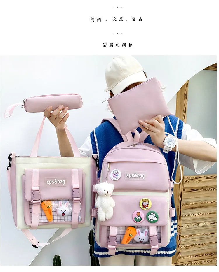 4 in 1 Pcs Sets Nylon Waterproof Women Backpack Kawaii School Bag For Teenage Girls Large Capacity Student Shoulder Bags - Vs