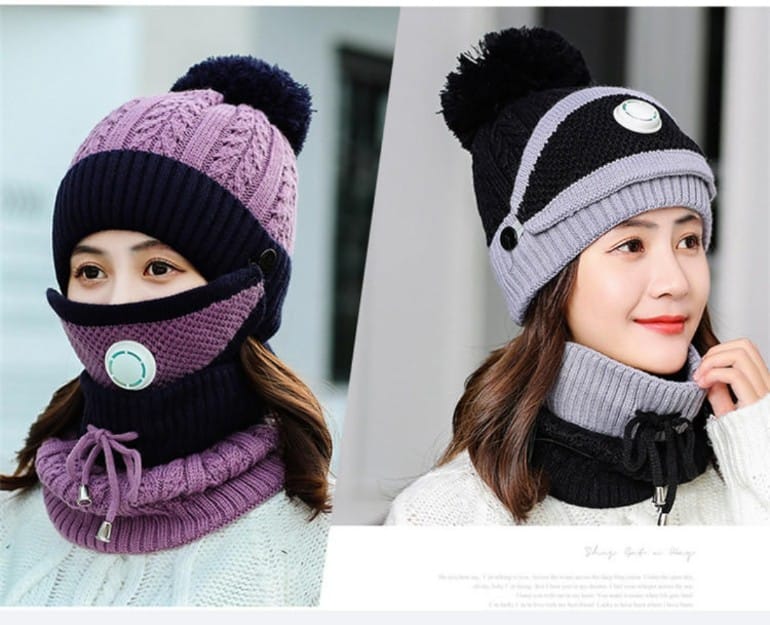 Women Winter Knitted Beanie Cap Warm Face Cover Neck Scarf Outdoor Set