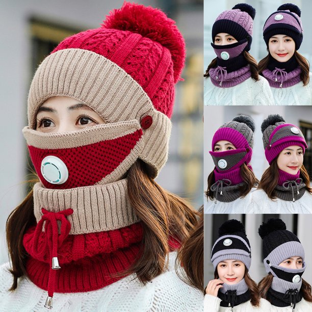 Women Winter Knitted Beanie Cap Warm Face Cover Neck Scarf Outdoor Set