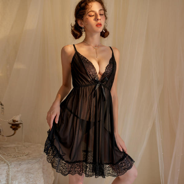 Mesh Net V Neck  Short Lace  Night Dress 👗