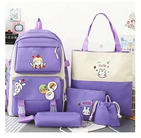 4 Pieces Backpack - Bunny Bag - Tote Bag - Travel Bag - Student Teenage Girls School Bag - Canvas Bag - Vs