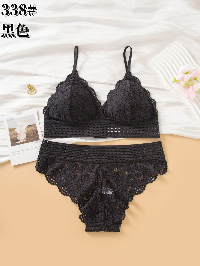 V Nick lace bra panty set