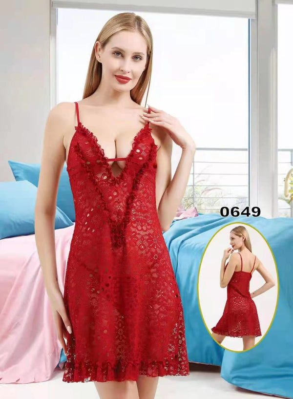 Women Deep-V Lace Short Strappy Nightdress Underwear -0649