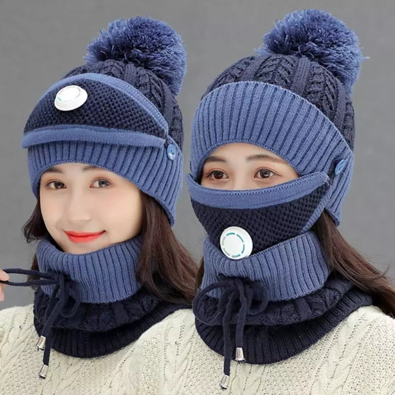 Hot sale Korean style winter Hat scarf mask three-piece set Warm wool knit hat and wool thickened bike ear protector