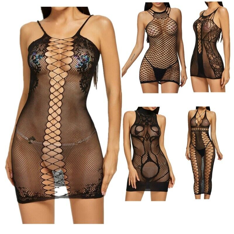 Women  Fishnet Mini Dress See-through Hollow Out Bodycon