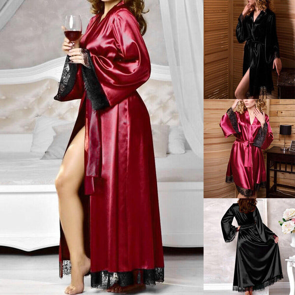 Womens  Sleepwear Lace Long Bride Kimono Robe Satin Silk Night Dressing Gown