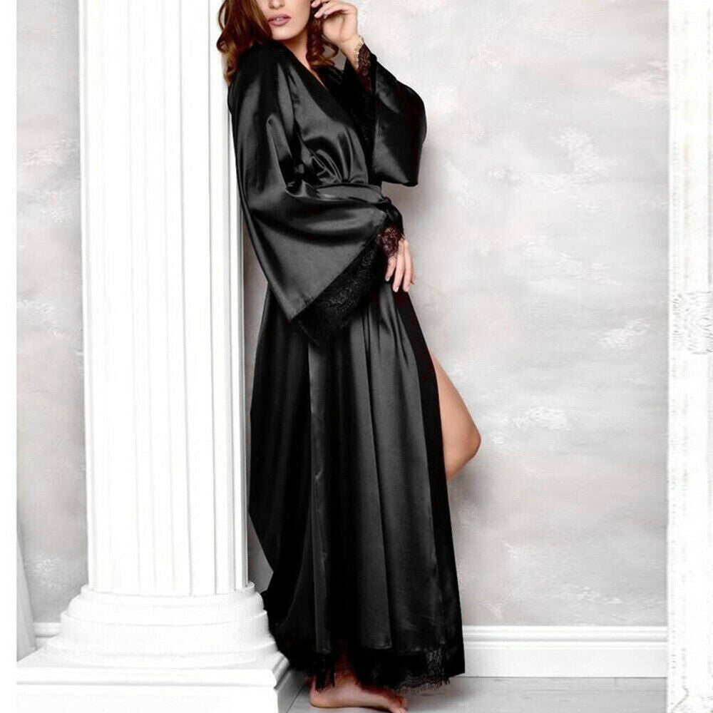 Womens  Sleepwear Lace Long Bride Kimono Robe Satin Silk Night Dressing Gown